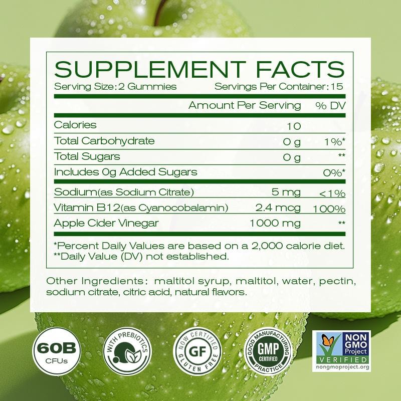 Apple cider Vinegar Gummy Vitamin-60 Count - Vitamin B12, gelatin