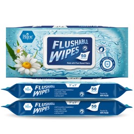 MED PRIDE Xl Flushable Wipes for Adults Extra Large, Unscented, Aloe Vera & Chamomile, Plant-Based, Plastic-Free (7'' x 7'' 150 White)