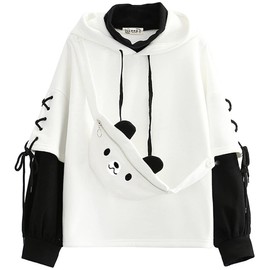 EMILYLE Womens Girls Brown Bear Hoodie Long Sleeve Sweatshirts Cute Pattern Print Kawaii Patchwork Shirts(white-1,XS)