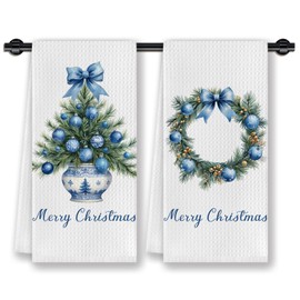 CosxHabitat Blue Chinoiserie Christmas Kitchen Dish Towels, Coquette Preppy Bow Christmas Bauble Tree Wreath Decorative Hand Tea Towels for Bathroom Kitchen, 16x24 Inches Set of 2