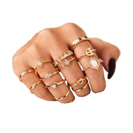 Vintage Silver Knuckle Goth Punk Rings Set for Women Men,Bohemian Statement Stacking Joint Finger Rings,Retro Crystal Gold Midi Y2K Rings Set (13Pcs Gold)
