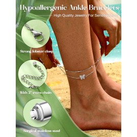 FIBO STEEL Stainless Steel Ankle Bracelet for Women Teens Cute Butterfly Sequin Infinity Cross Heart Evil Eye Pendant Layered Anklets Adjustable Foot Jewelry