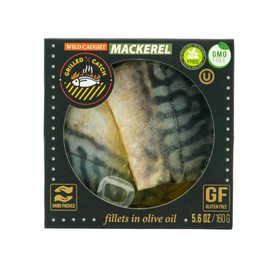 Grilled Catch Canned Mackerel Fish Fillet in Pure Olive Oil 5.6 oz, Wild Caught North Atlantic Boneless Kosher, Product of Latvia