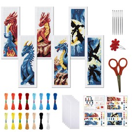 FREEBLOSS 6 Set Cross Stitch Bookmark Kit Stamped Cross Stitch Kit Dark Dragon Embroidery Set with Instruction for Adults 8''*2.4''