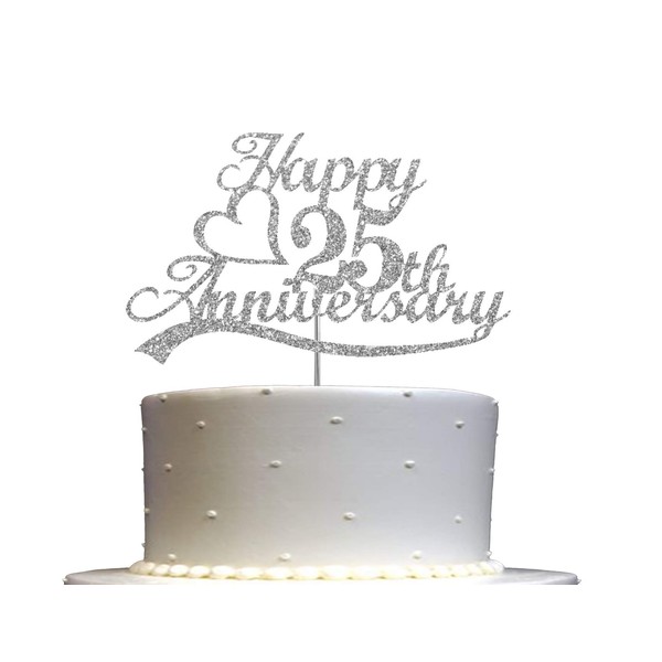 Decoración para tartas de 25 aniversario con purpurina plateada, 25 ideas de decoración de aniversario de boda, calidad premium, resistente con purpurina de doble cara, palo de acrílico. Fabricado en Estados Unidos (plata 25)