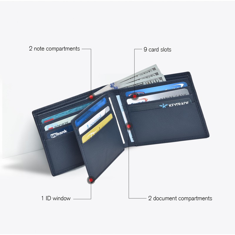 Large Capacity Blue Genuine Leather Bifold Wallet/Credit Card Holder for