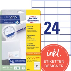 AVERY Zweckform AVERY Zweckform 3490 Adressaufkleber (600 plus 120 Klebeetiketten extra, 70x36mm auf A4, Papier matt, bedruckbare Absenderetiketten, selbstklebende Adressetiketten mit ultragrip) 30 Blatt, weiß