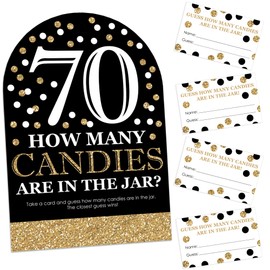 Big Dot of Happiness Adult 70th Birthday - Gold - How Many Candies Birthday Party Game - 1 Stand and 40 Cards - Candy Guessing Game