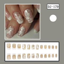 White Flowers Press on Nails Short Square Fake Nails With Glitter Rhinestones Designs White French Tip False Nails Full Cover Stick on Nails Floral Artificial Nails for Women Glue on Nails 24 Pcs