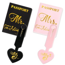 4 Pcs Mr and Mrs Luggage Tags with Passport Holder Set, Honeymoon Essentials Wedding Travel Gift for Couples, Bridal Shower Gifts for Newlyweds, Bride, Valentine's Day, Engagement (Black & Pink)