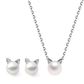 HORHEAR Lindo Conjunto de Joyas de Gato con Perlas Collar y Aretes para Mujer