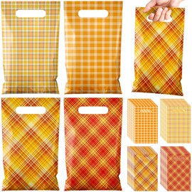 Tenare 48 Pcs Plastic Fall Plaid Gift Bags with Handle Autumn Treat Goodie Candy Bags for Fall Autumn Thanksgiving Party Favors Supplies Decoration