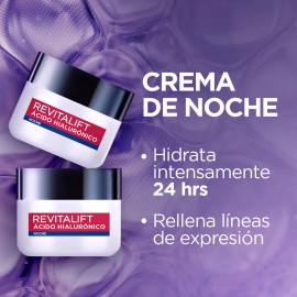Crema Facial Hidratante de Noche, Revitalift Ácido Hialurónico, Hidrata intensamente por 24 horas y rellena las líneas de expresión, para una piel más tonificada de L'Oréal Paris