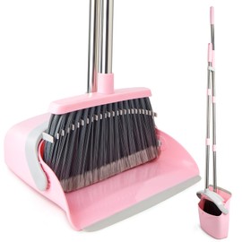 OOOFLOWER Broom and Dustpan Combo Set, Long Handle and Standing Dust Pan with Comb Teeth, Efficient Floor Cleaning for Kitchen, Outdoor, Dorm, Apartment, Office Lobby (Pink Gray)
