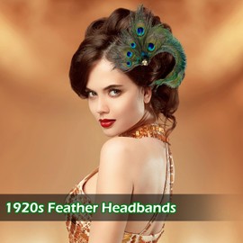 Peacock Feather Headpiece with Rhinestone Trim - Vintage 1920s Headband Hair Clip for Women, Carnival Costume Accessory, Cocktail Party Fancy Dress(Style F)