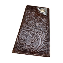 Western Stakes Leather Bi Fold Long Wallet Cowboy Praying at Cross Concho Tooled Cowboy Floral Embossed Leather Rodeo Wallet Cowboy Style Hand Crafted High End Mens Wallets Leather (Coffee)