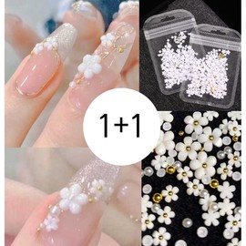 1+1 Mini White Flower Nail Parts Beads Self Nail DIY Accessories, 2 Pieces, White Flower / 1+1 미니 화이트 꽃 네일 파츠 구슬 비즈 셀프네일 DIY 부자재, 2개, 백화