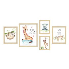 ArtbyHannah 5 Pack Framed Funny Woodland Baby Nursery Gallery Wall Art Decor and Cute Safari Animals Prints for Kids Bedroom and Playroom Decoration, Multi Size 11x14 x2, 8x10 x2, 6x8 x2