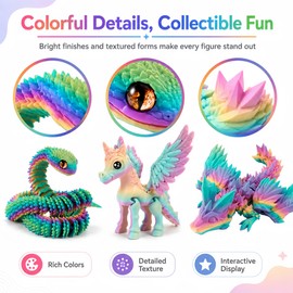 9PCS 3D Printed Animals,12in Flexible 3D Printed Animals Dragon Cat Snake Horse Stuff,Flexible Articulated Animals for Adults Home,Office,Party Supplies,Classroom Rewards & Desk Decor (Color 1)
