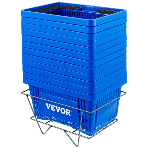 VEVOR Shopping Basket, Set of 12 Blue, Durable PE Material with Handle and Stand, Basket Dimension 16.9"L x 11.8"W x 8.07"H and Used for Supermarket, Retail, Grocery- Holds 21 L/5.6 Gal of Merchandise