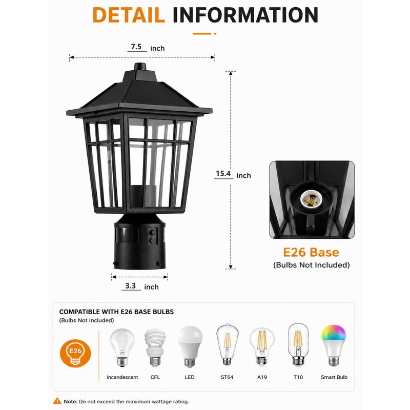 Yisuro 360°Motion Sensor Outdoor Post Light, Dusk to Dawn Hardwired