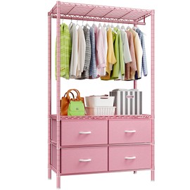 Raybee Clothing Rack, Clothes Racks for Hanging Clothes Rack Heavy Duty Clothes Rack Adjustable Clothing Racks for Hanging Clothes Metal Garment Rack with 4 Large Fabric Drawers Portable Closet, Pink