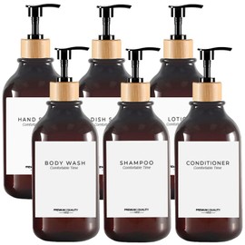 Gails Willing Shampoo and Conditioner Bottles, Refillable Shampoo Bottles, Apothecary Dispenser Bamboo Pump for Shampoo Lotion Oil Shower Soap Hand Soap and Dish Soap, Plastic Set 6 (Amber)
