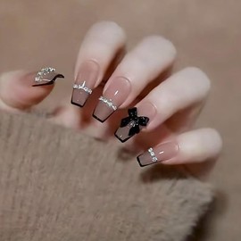 Nail Tips, False Nails, Fashionable, Black, 24 Pieces, Long Nail Tips, Glitter, Fashionable, Mass Production Type, Popular Nail Tips, Fake Nails, Handmade, Fake Nails, Fake Nails, Handmade, Fake Nails, Nail Stickers, Nail Art, DIY Nails, Unique, Adult Charm, Home, DIY Nail Tips with Double-Sided Tape, Easy Installation, For Beginners (Type 7)