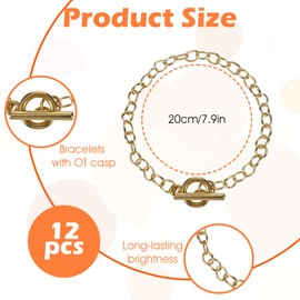 TIESOME 12 Pcs Bracelet Chains with OT Toggle Clasp, 7.9" Alloy Metal Plated Link Bracelet Chains DIY Jewelry Making Round Link for Women Girlfriend Wife Lover Mother(Gold)