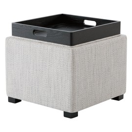 CHITA Storage Ottoman Cube with Tray Lid, Small Footstool with Storage, Square End Table for Living Room and Bedroom, Fabric in Ivory