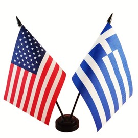 Zigvert American & Greece Twin Flag Desk Set, Table Flags Twin Pin and Base, 8 x 5 Inches USA & Greece Deluxe Desk Flag Set - Miniature American & Greece Desktop Flag