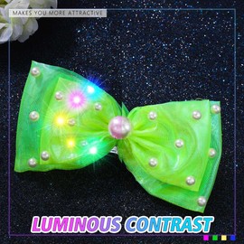 JEAIRTS Led Bow Clip Glowing Pearl Hair Barrettes Light Up Bow-knot Costume Hair Accessories for Women (7-Green)