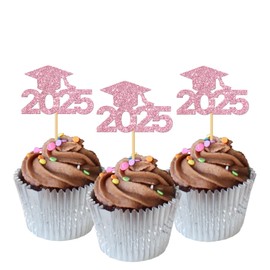 Class of 2025 Cupcake Toppers for Girl / 2025 Graduation Cupcake Decor/High School College Graduation Cupcake Toppers/Congrats Grad Graduation Party Cupcake Decorations Pink Glitter 24 Pcs