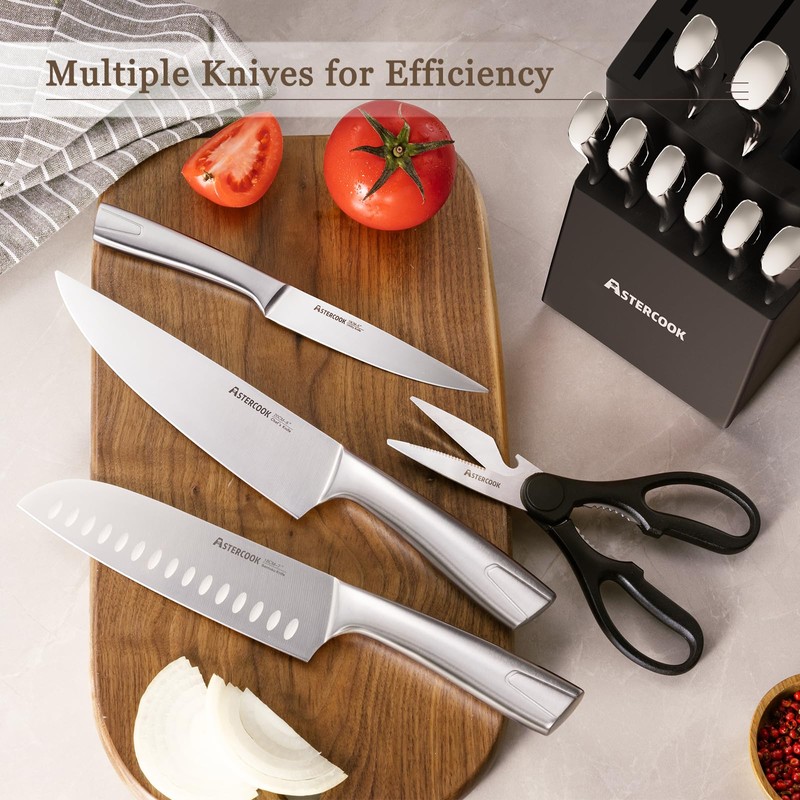 Astercook Knife Set Kitchen with Block and Sharpener Full Tang