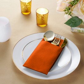 50-Pack Disposable Linen-Feel Dinner Napkins with Built-in Flatware Pocket, ORANGE Prefolded Cloth Like Paper Napkins For Thanksgiving, Dinner, Wedding Or Party [Silverware NOT Included]