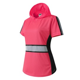 JKWEARSA Women Safety Shirt,High Vis Reflective Lady Shirt,Quick Dry Breathable T Shirt with Hooded for Work Warehouse (Pink L)