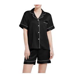 Xuepelit Women's Satin Short Sleeve Set Pyjamas Women's Summer with Button Placket Silk Two Piece Sleepwear Casual Silk Pyjamas for Women, black, L
