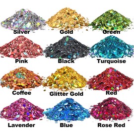 HEMOER Holographic Chunky Glitter, 12 Colors Sparkle Sequins, Cosmetic Craft Set for Epoxy Resin, Body, Face, Nail, Slime, Wedding Festival Party Decoration - 0.42oz Each Bottle