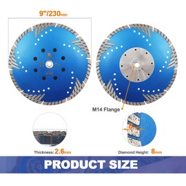 Diamond Cutting Disc 230 mm - BRSCHNITT M14 Turbo Saw Blade with Protective Teeth for Cutting Grinding Granite Marble Concrete Tiles