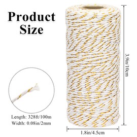 328 Feet Cotton Bakers String Rope, White Christmas Twine String with Gold Wire, Cotton Cord for Gift Wrapping, Wedding, Crafting, Holiday Decorations