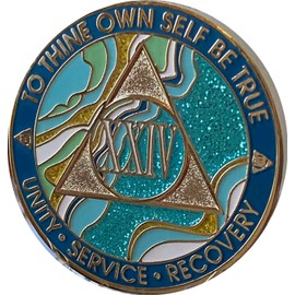 24 Year AA Medallion Elegant Marble Caribbean Aqua Glitter Gold Sobriety Chip