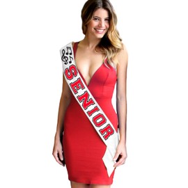 Senior Sash Marching Band - Red with Black Outline Music Note Senior White PREMIUM GRADE SATIN Sash - UNISEX High School Orchestra and Choir Gifts - White Sash (Band) Red w/Blk