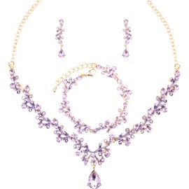 SFE 3Pcs Austrian Crystal Jewelry Set for Women, Necklace Dangle Earrings Link Bracelet Jewelry Set with Gold/Platinum/Gun Plated, Wedding Party Jewelry for Bridal Bridesmaid (Violet-Gold Plated)