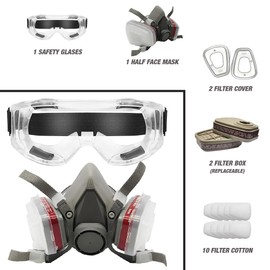 LAUCO Premium Respirator Kit - Reusable Half Face Cover Set with Safety Glasses for Gas, Painting, Machine Polishing, Staining, Car Spraying, Sanding & Cutting, DIY and Other Work Protection