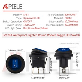 APIELE Waterproof Round Rocker Toggle Switch 2 Position DC 12V 20A ON-Off with LED Light SPST 3 Pins 5Pcs KCD1-8-101NW (Blue)