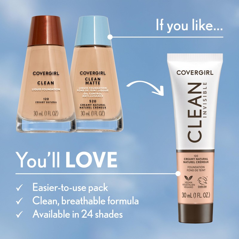 COVERGIRL Clean Invisible Foundation Makeup, Dewy & Glowy Natural Finish,