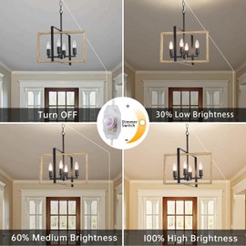 DIMMABLE Plug in Chandelier 4-Light with 19.68ft Long Cord, Wood Hanging Lights Dimmer Switch, Plug in Pendant Light Fixture Farmhouse Rustic Chandelier for Bedroom Living Dining Room Kitchen Gazebo