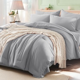 Anluoer Light Grey Queen Comforter Set 7 Pieces, Bed in a Bag with Sheets, All Season Bedding Sets with 1 Comforter, 2 Pillow Shams, 2 Pillowcases, 1 Flat Sheet, 1 Fitted Sheet