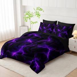 Nttopship Violet Lightning Comforter Set Queen Thunder Bedding Sets 7PCS,LightLight Violet 7 Piece in A BagLight Violet Lightning Bedding Set 7 Piece in A Bag,Bed Sheet Set Violet Lightning Decor