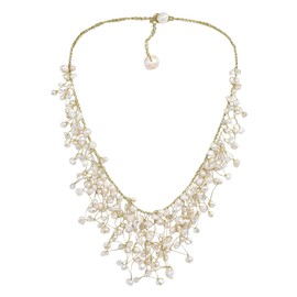 AeraVida Cascading Waterfall of White Cultured Pearls and Crystals on Gold Colored Silk Thread Stylish Statement Necklace